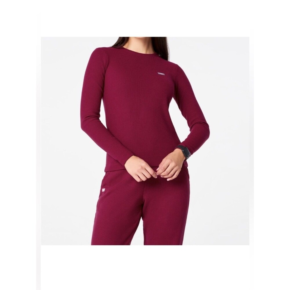 BRAND NEW Figs S Off-Shift Waffle Crew Neck (Deep Cranberry)